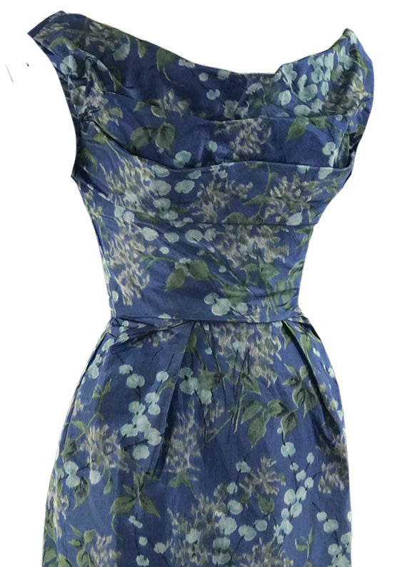 Sensational 1950s Draped Blue Floral Silk Cocktail Dress - New!