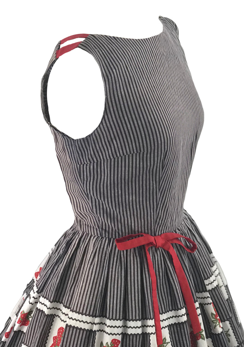 1950s Black & Grey Stripe Dress with Strawberry Border- New!