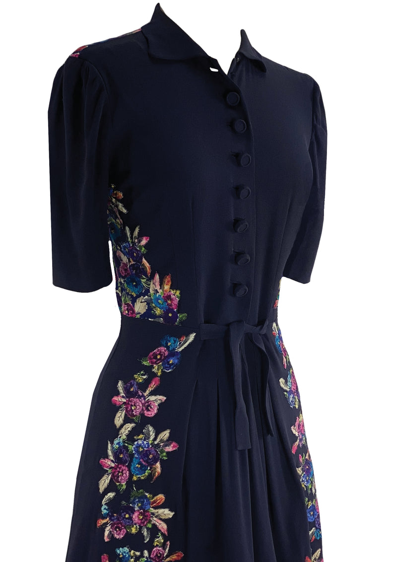 Gorgeous 1940s Navvy Blue Rayon Dress with Appliques - New!