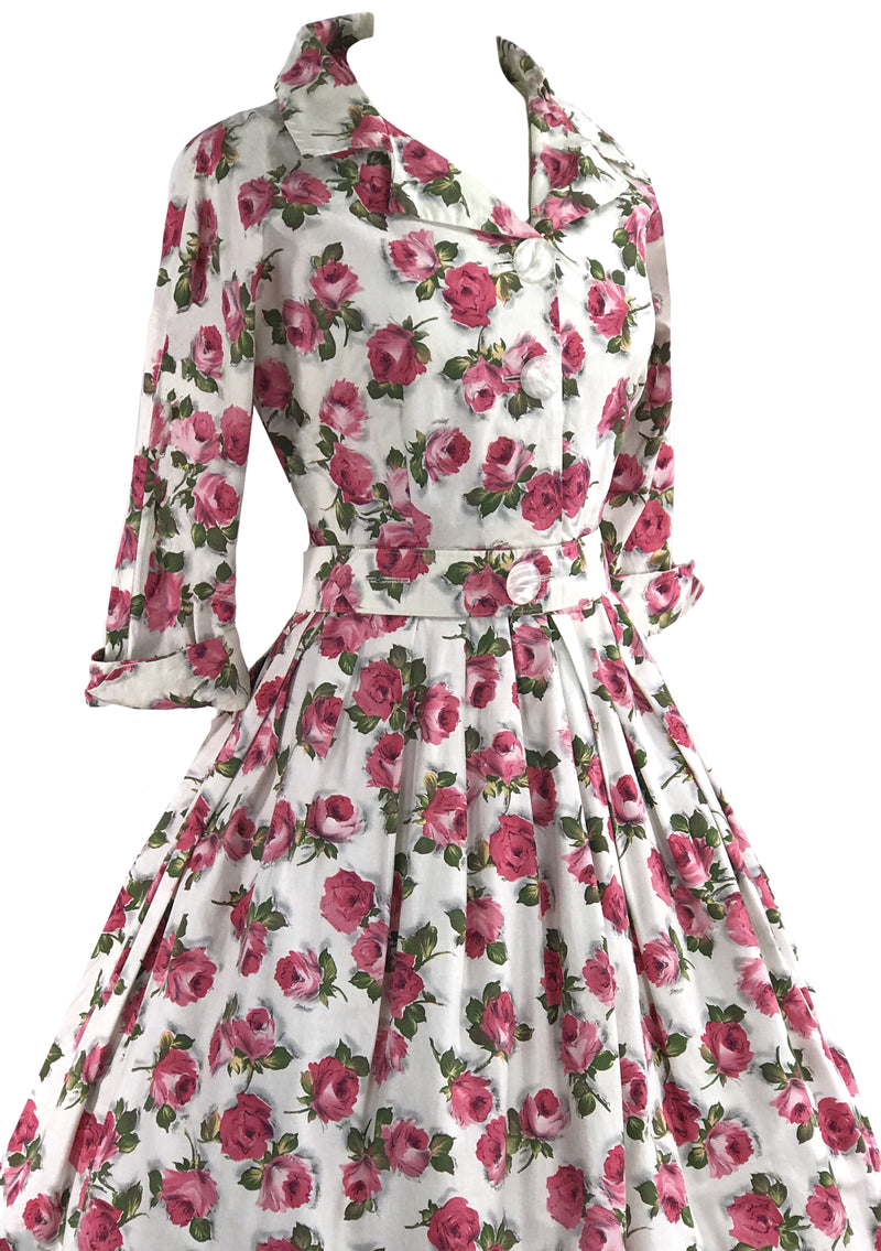 Vintage 1950s Deep Prink Rose Print Cotton Dress- New!