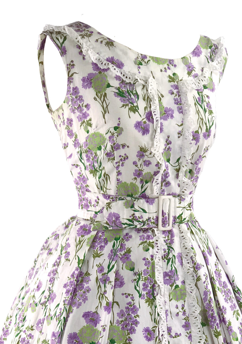 1950s Cotton Dress with Lavender & Sage Green Flowers - New!