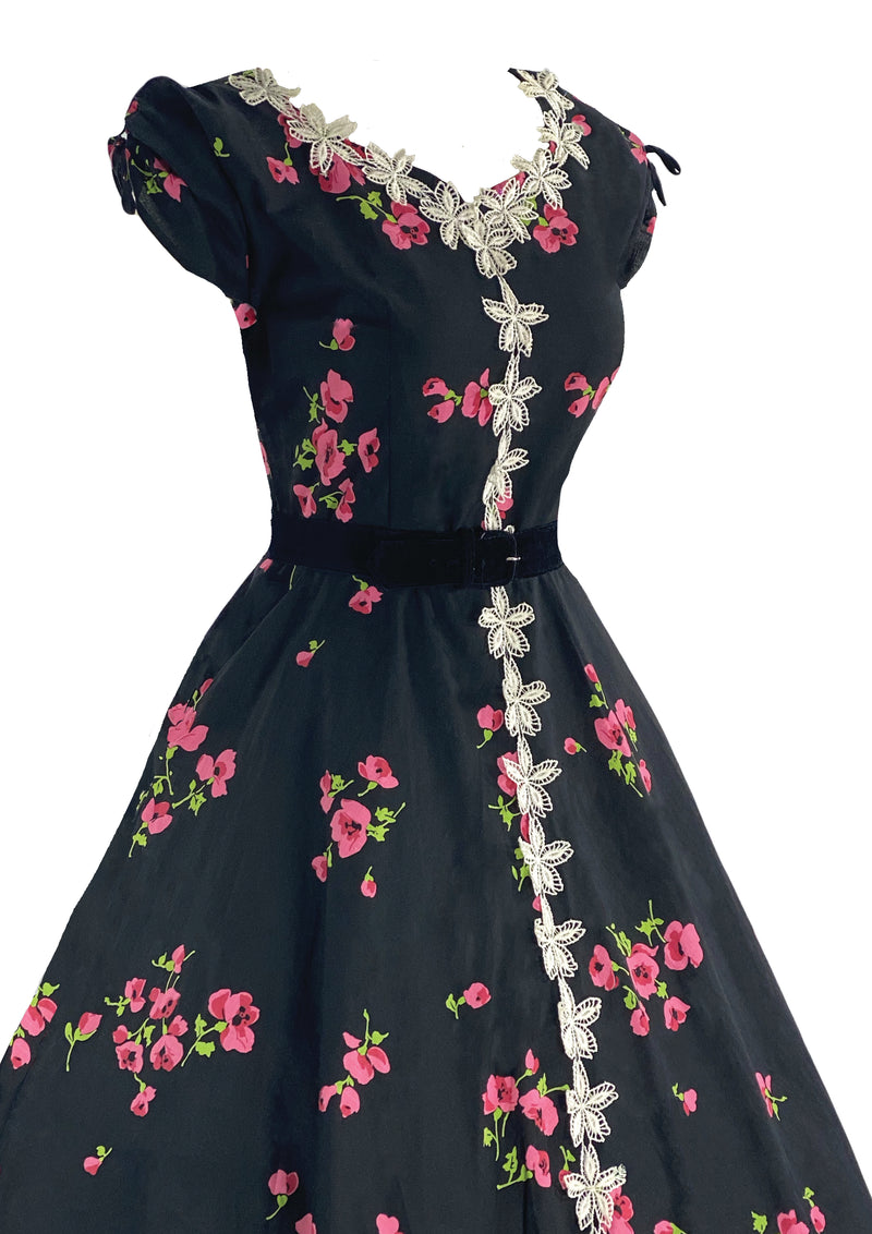 Vibrant 1950s Pink Oriental Poppies Cotton Dress- New!