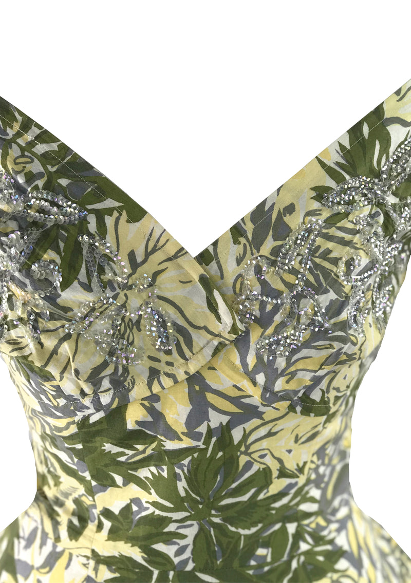 Elegant 1950s Leaf Print Cotton Dress - New! (On hold)