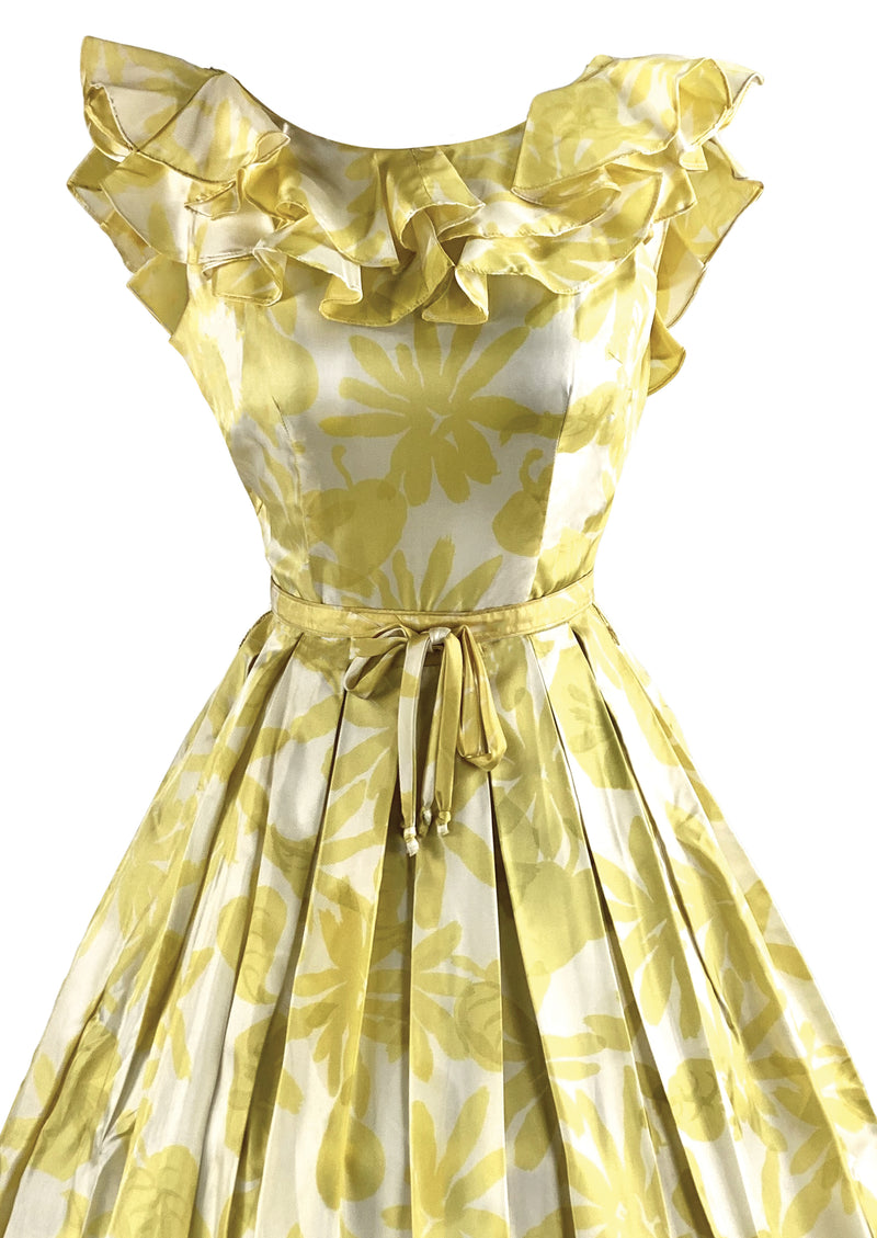 Vintage 1950s Gold and White Abstract Floral Dress - NEW!