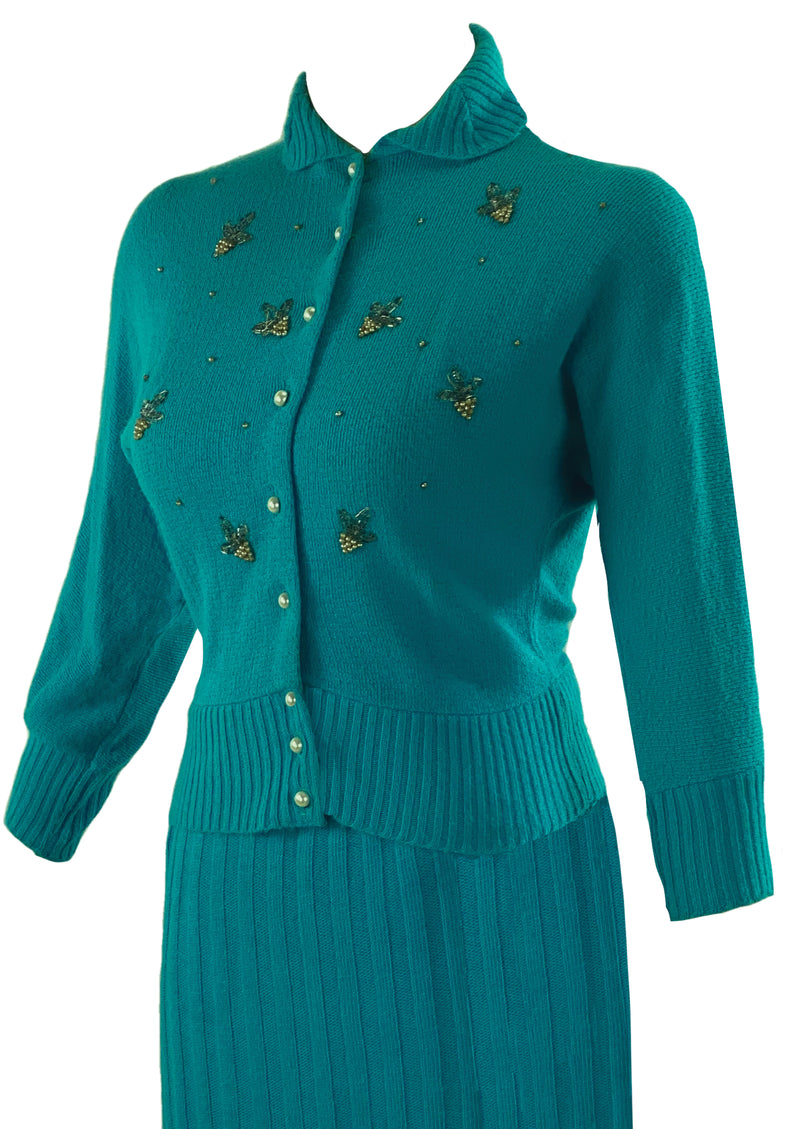 Vintage 1950s Turquoise Knit Beaded Suit - NEW!