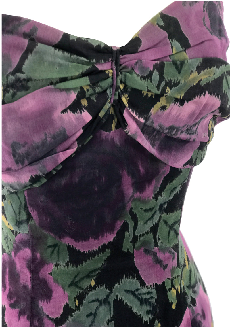 Vintage 1950s Purple Roses on Black Cotton  Dress- New!