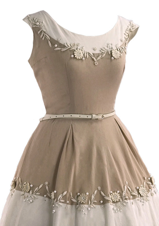 Lovely 1950s Beaded Ecru & Ivory Linen Applique Dress - New!