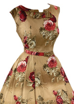 Deadstock Late 1950s Red Roses on Rose Gold Cotton- New!