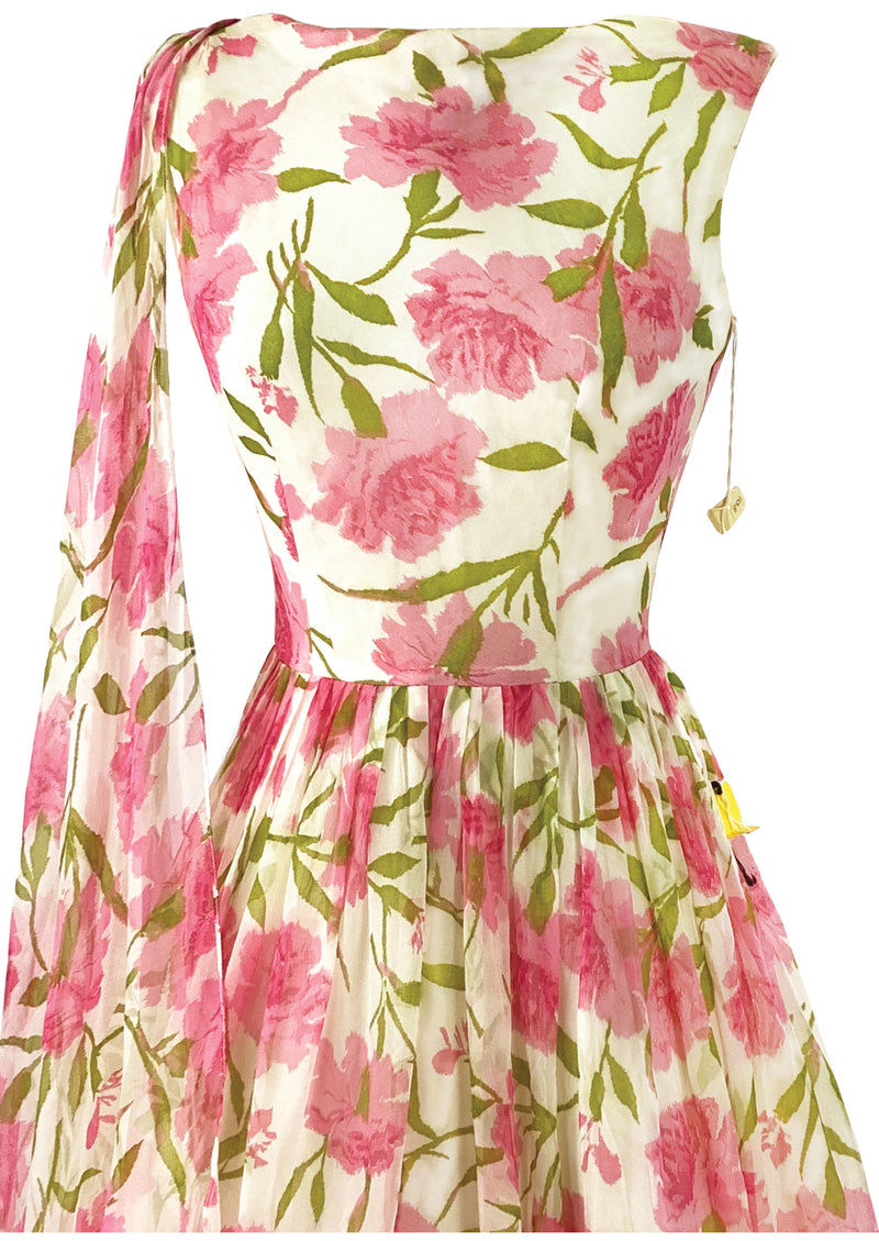 Early 1960s Pink Carnations Chiffon Dress - NEW!