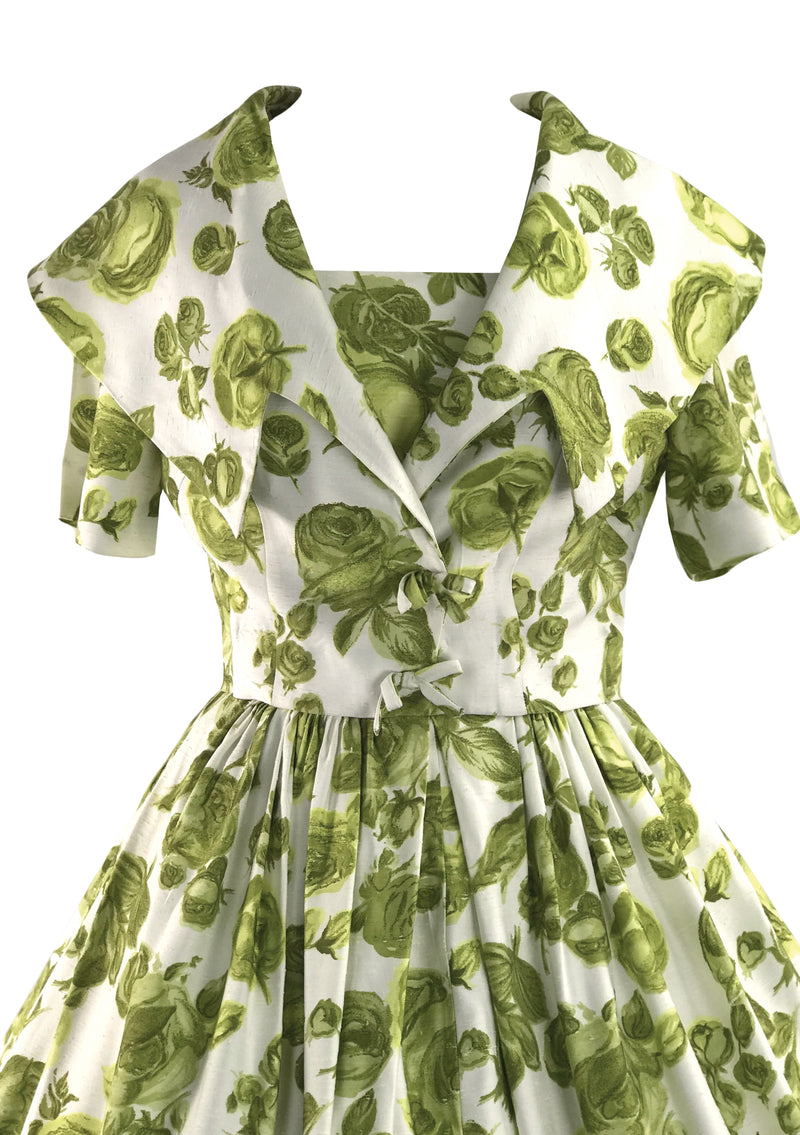Vintage 1950s Green Roses Slub Silk Dress & Jacket Ensemble- New!