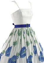 Vintage 1950s Ivory Dress with Blue Floral Border - New!