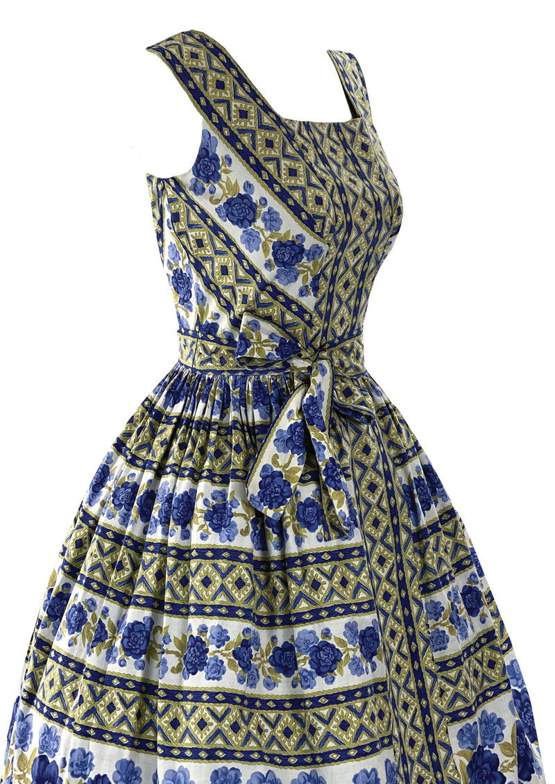 Late 1950s Quality Horrockses Designer Blue Rose Print Cotton Dress - New!