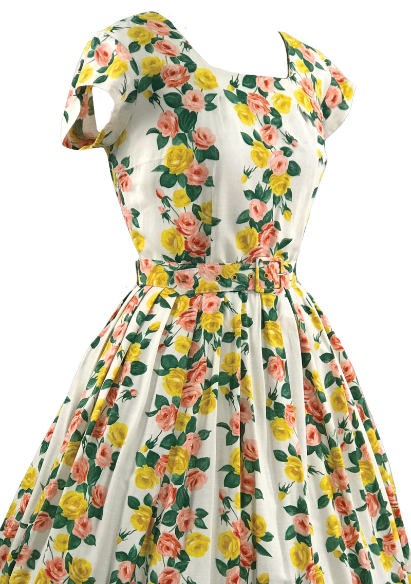 Late 1950s Pink and Gold Roses Cotton Dress - New!