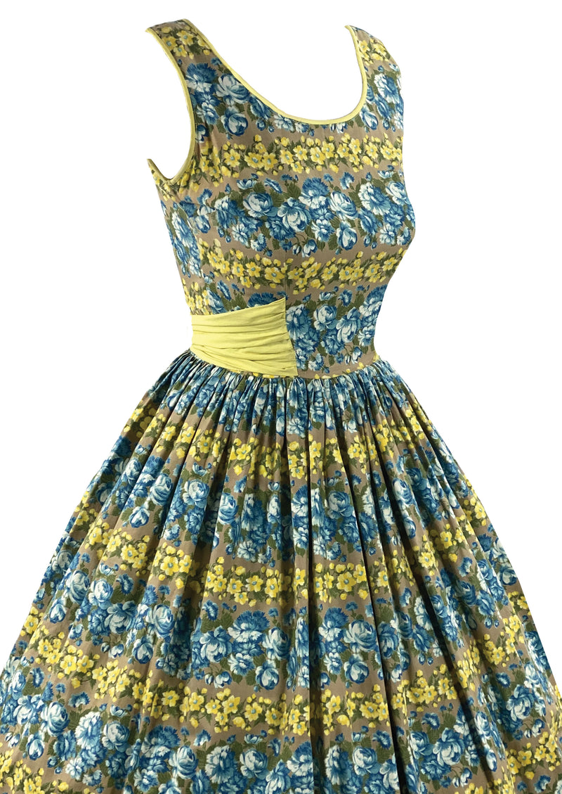 Late 1950s Blue and Yellow Floral Striped Dress- New!