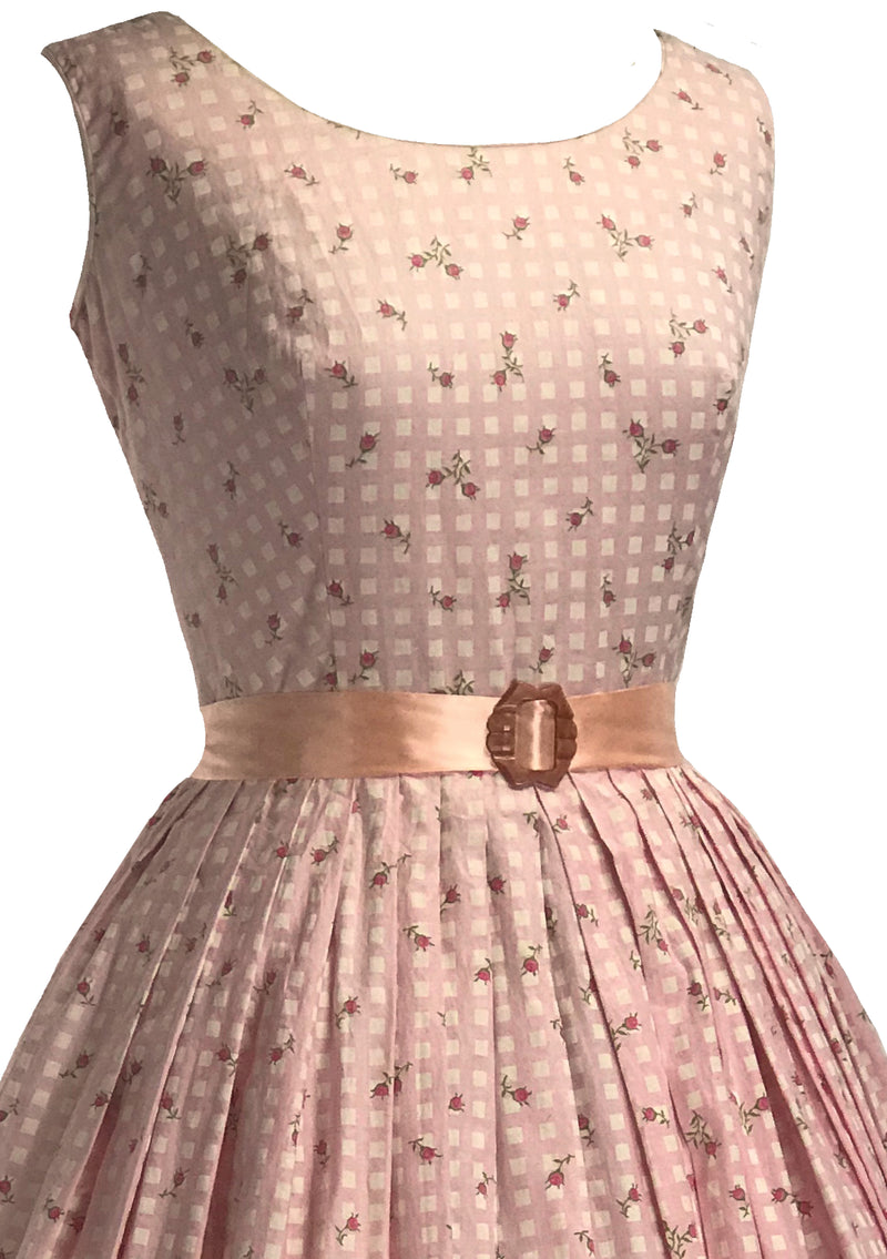 Late 1950s Pink & White Checks and Rosebuds Cotton Dress- New!