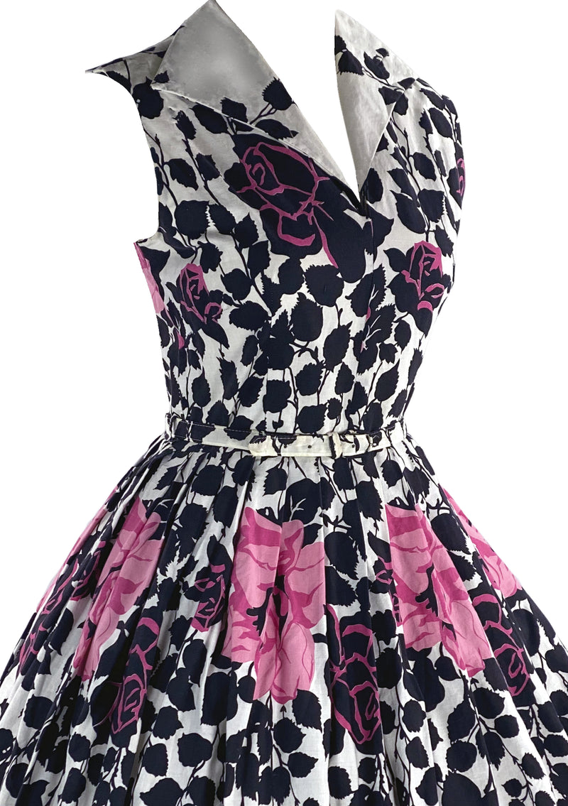 1950s Pink and Black Roses Border Print Cotton Dress- New!