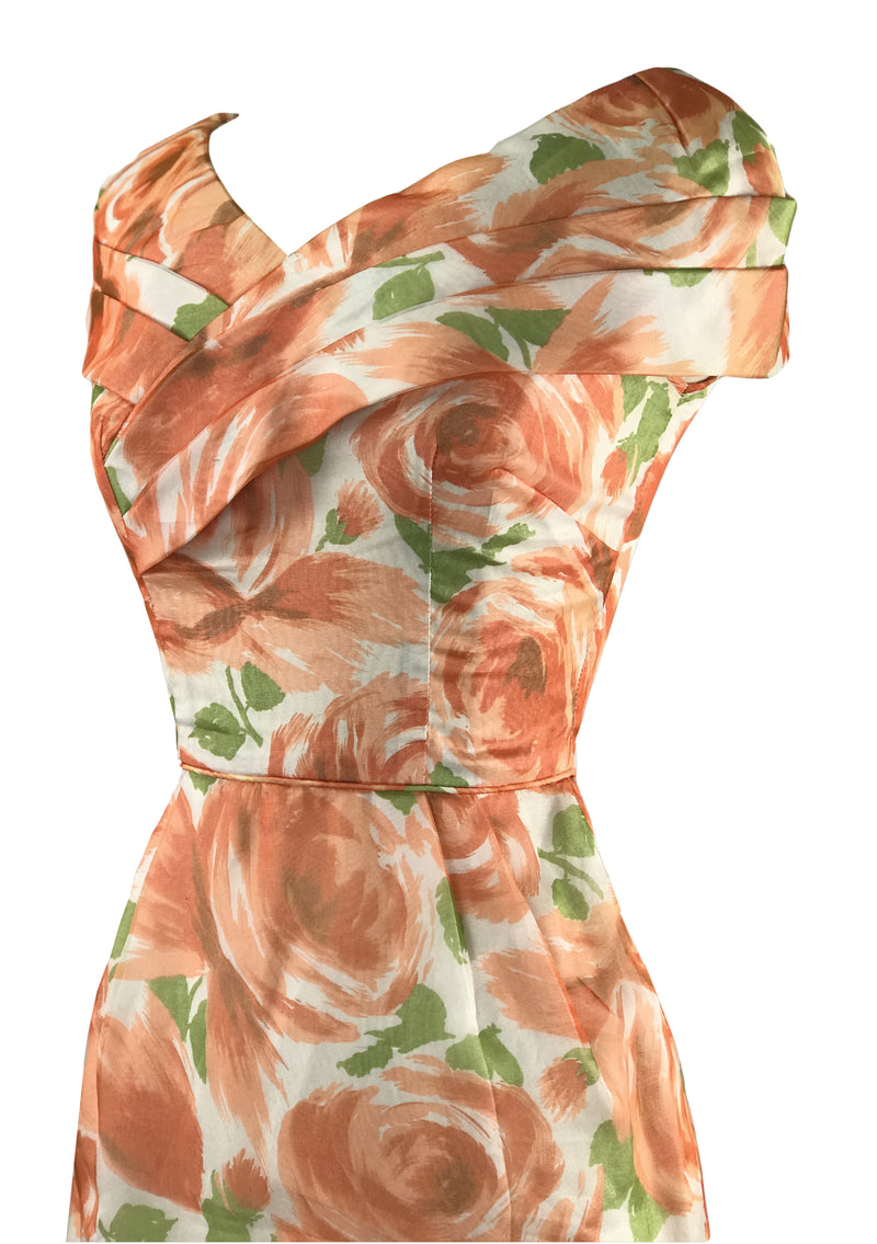 Late 1950s to Early 1960s Orange Roses Wiggle Dress - New!