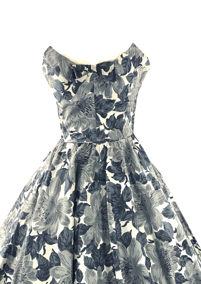 Stylish 1950s Strapless Gray Floral Cotton Cocktail Dress- New!