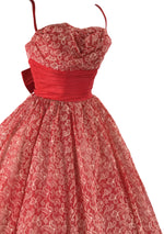 Vintage 1950s Red & White Flocked Party Dress - New!