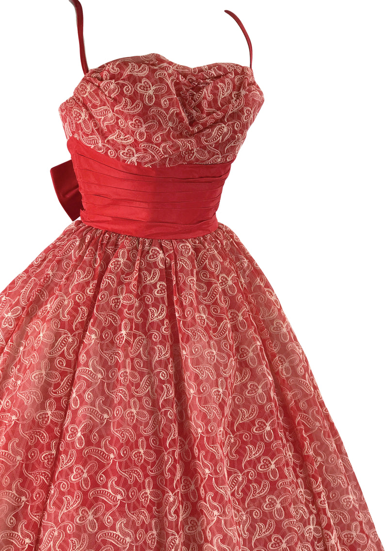 Vintage 1950s Red & White Flocked Party Dress - New!