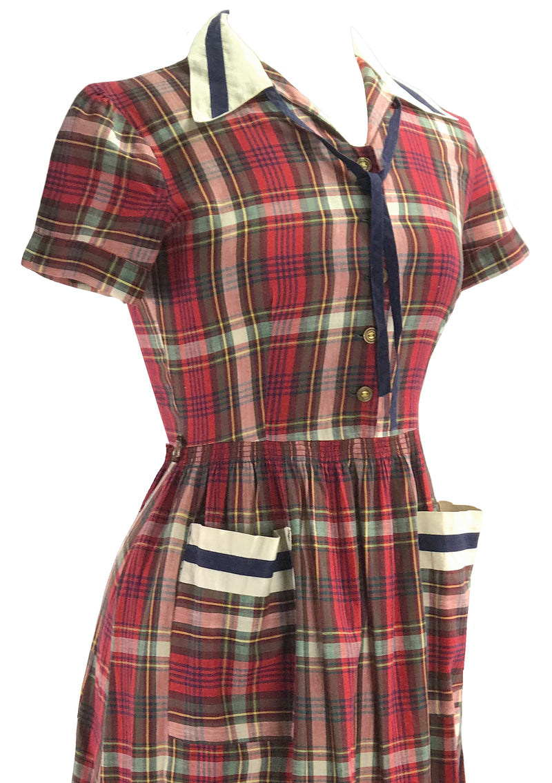 Early 1940s Plaid Cotton Sailor Dress- New!