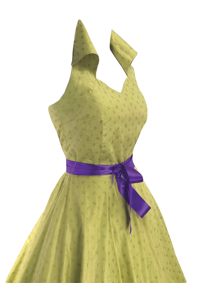 Stunning 1950s Chartreuse Halter Glazed Cotton Dress  - New!