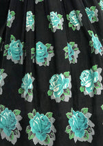 Lovely 1950s Turquoise Roses on Black Cotton Skirt- New!
