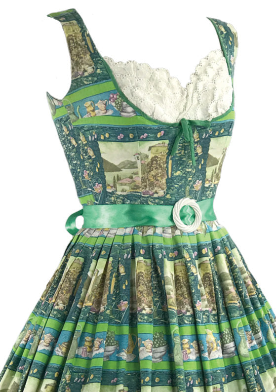 Late 1950s Scenic French Novelty Print Cotton Dress- New!