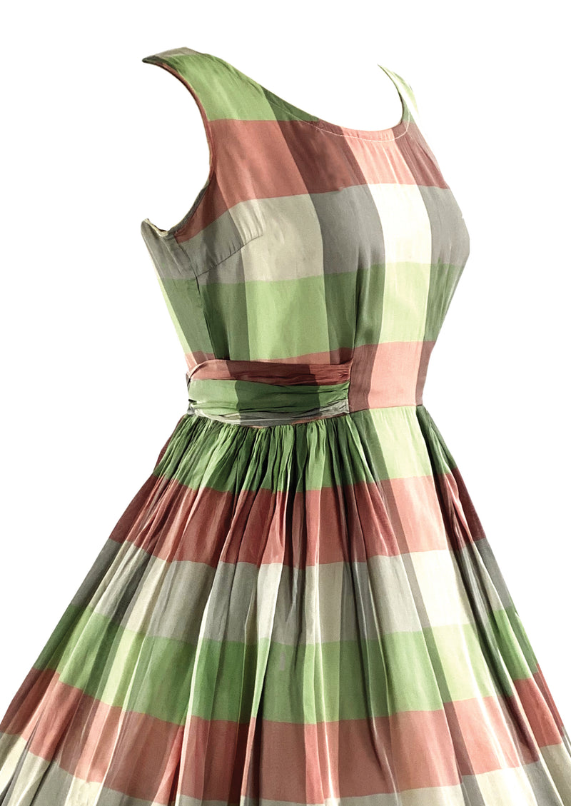 Vintage 1950s Green and Pink Plaid Chiffon Dress- NEW!