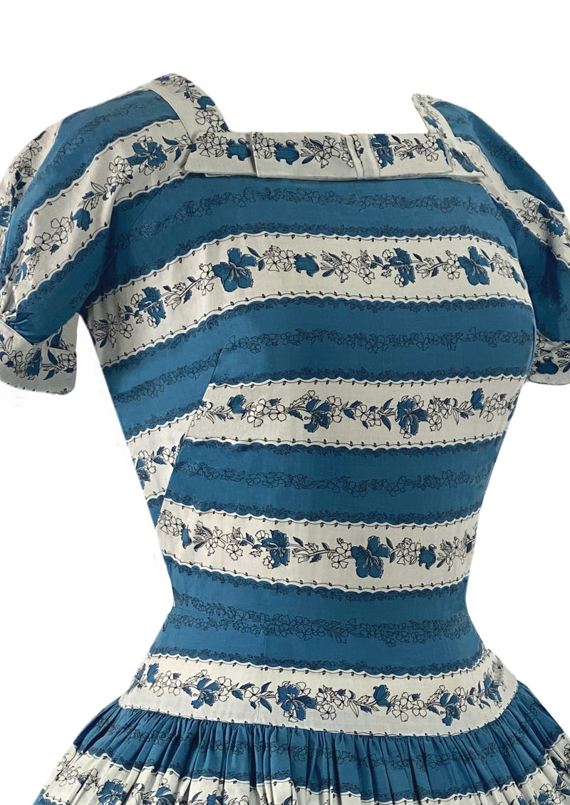 Stunning 1950s Horrockses Blue and White Floral Stripes Dress- New!