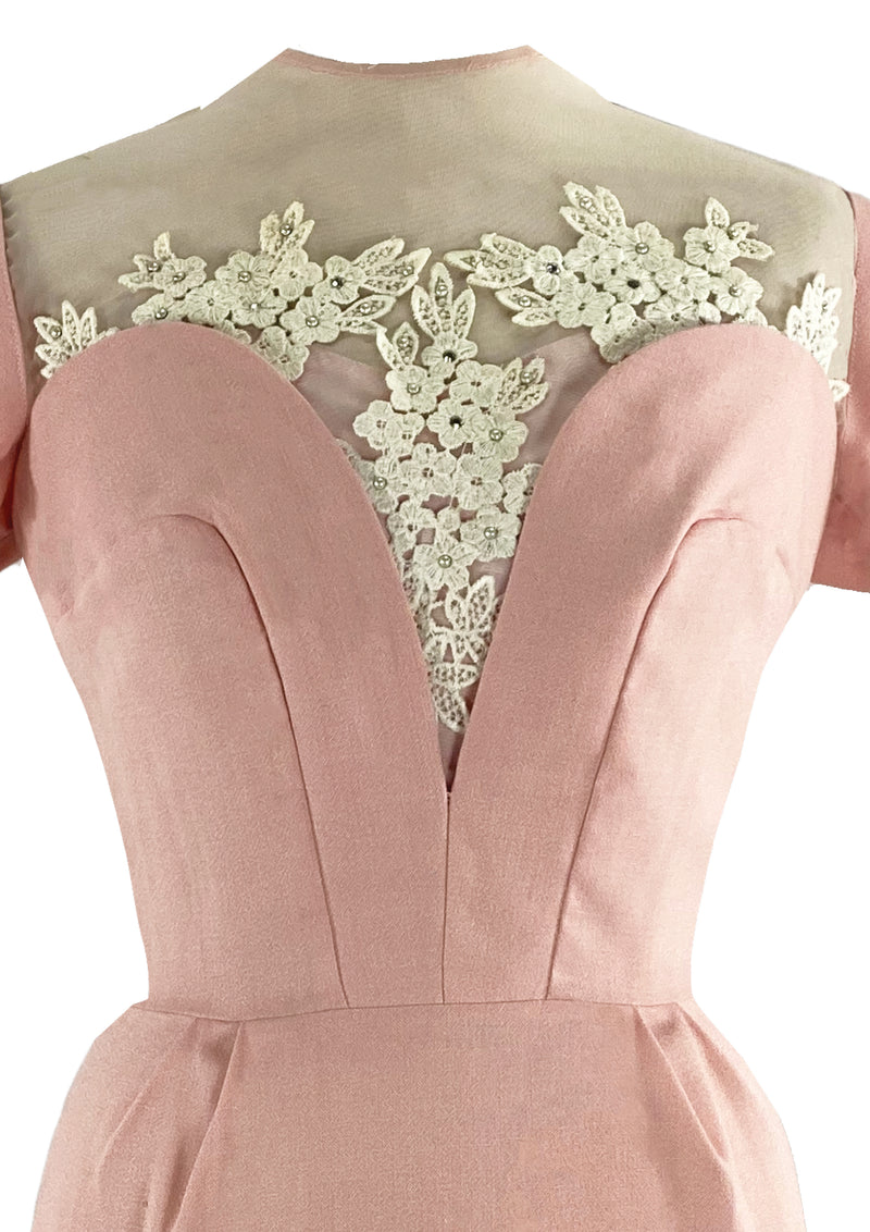 1950s Designer Pink Linen Applique Wiggle Cocktail Dress- New!
