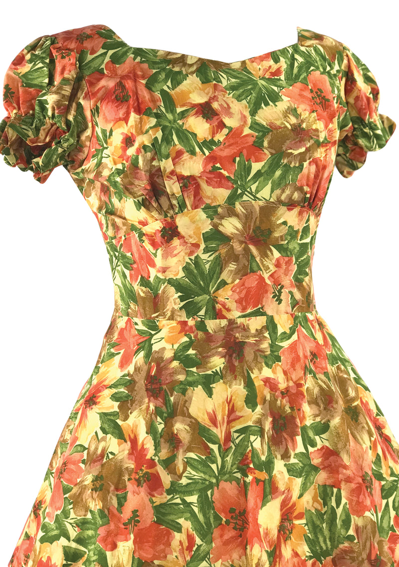 Pretty 1950s Orange Hibiscus Floral Cotton Dress - New!