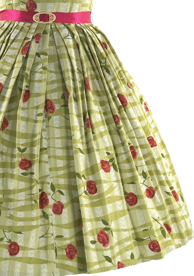 Glorious 1950s Green With Red Roses Cotton Dress- New!