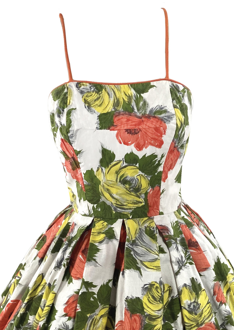Vintage 1950s Golden and Tangerine Roses Cotton Dress - New!