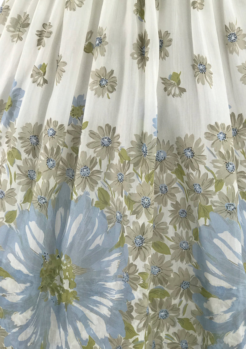 Vintage 1950s Blue Daisy Border Print Cotton Dress - New!