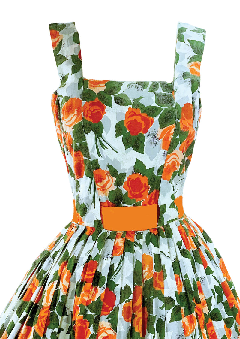 Vintage 1950s Tangerine Roses Cotton Dress- New!