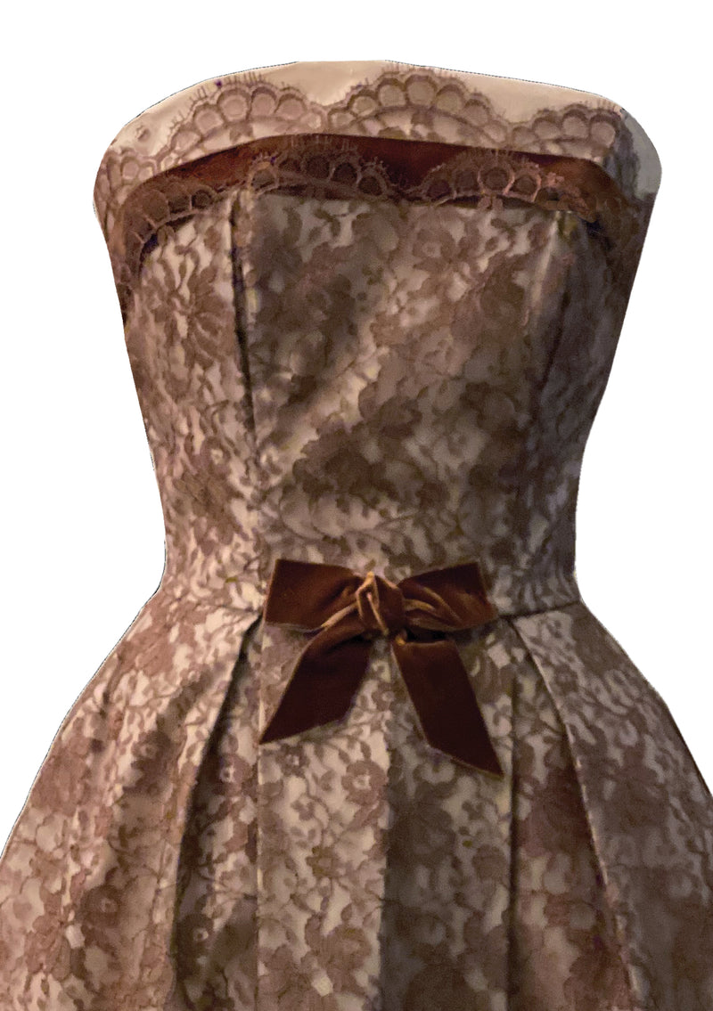 Late 1950s Mocha Lace Emma Domb Designer Party Dress - New!
