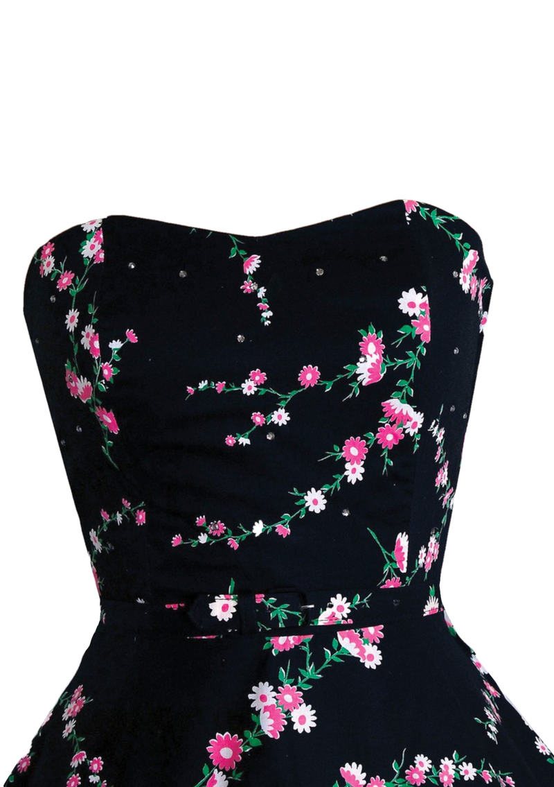 1950s Pink Floral on Black Party Dress Ensemble - New!