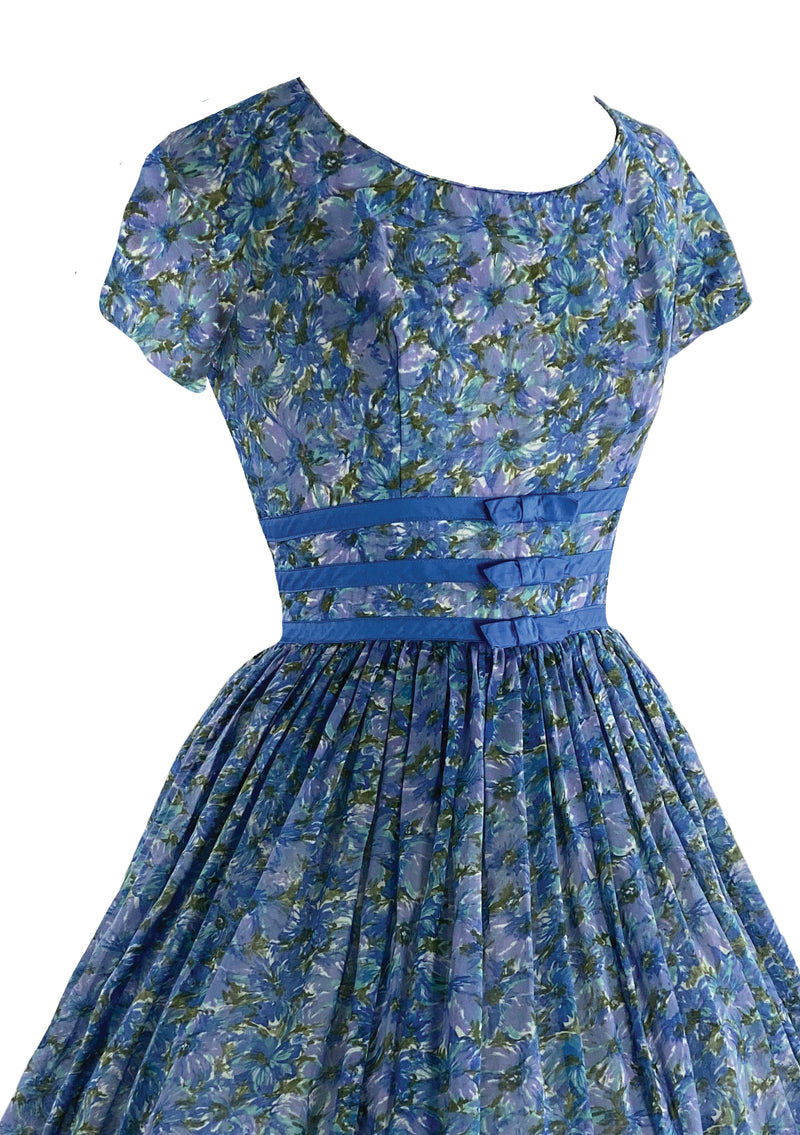 1950s Blue Floral Cotton Voile Dress - New!
