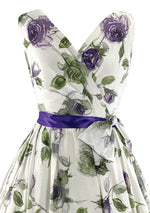 Beautiful Late 1950s to Early 1960s Lavender Roses Cotton Designer Dress- New!