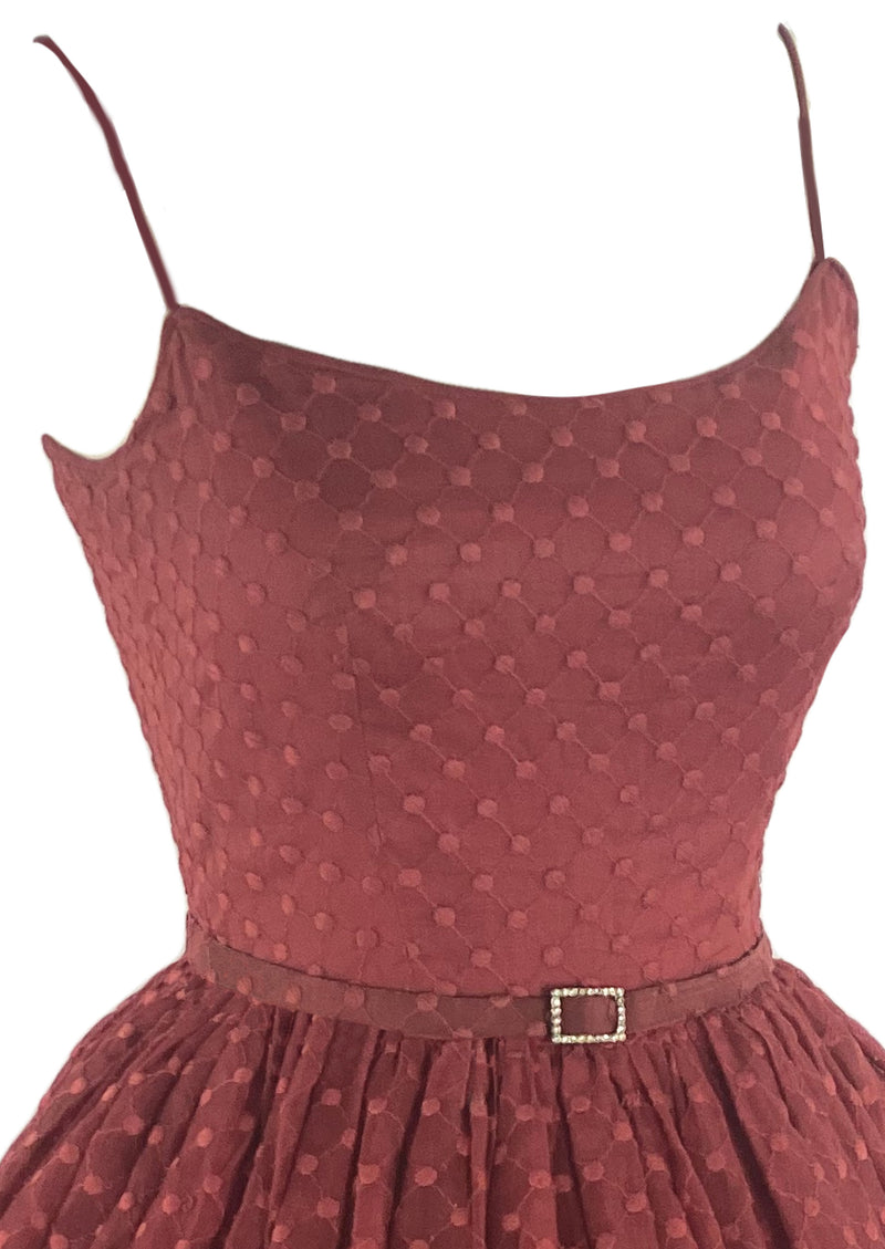 Late 1950s Garnet Coloured Dotted Swiss Fabric Dress- NEW!