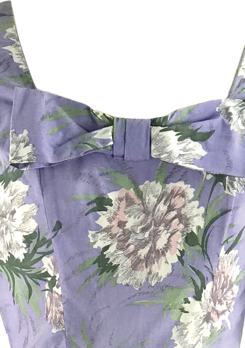 1950s Lavender Cotton Dress with Creamy Pink Carnations - New!