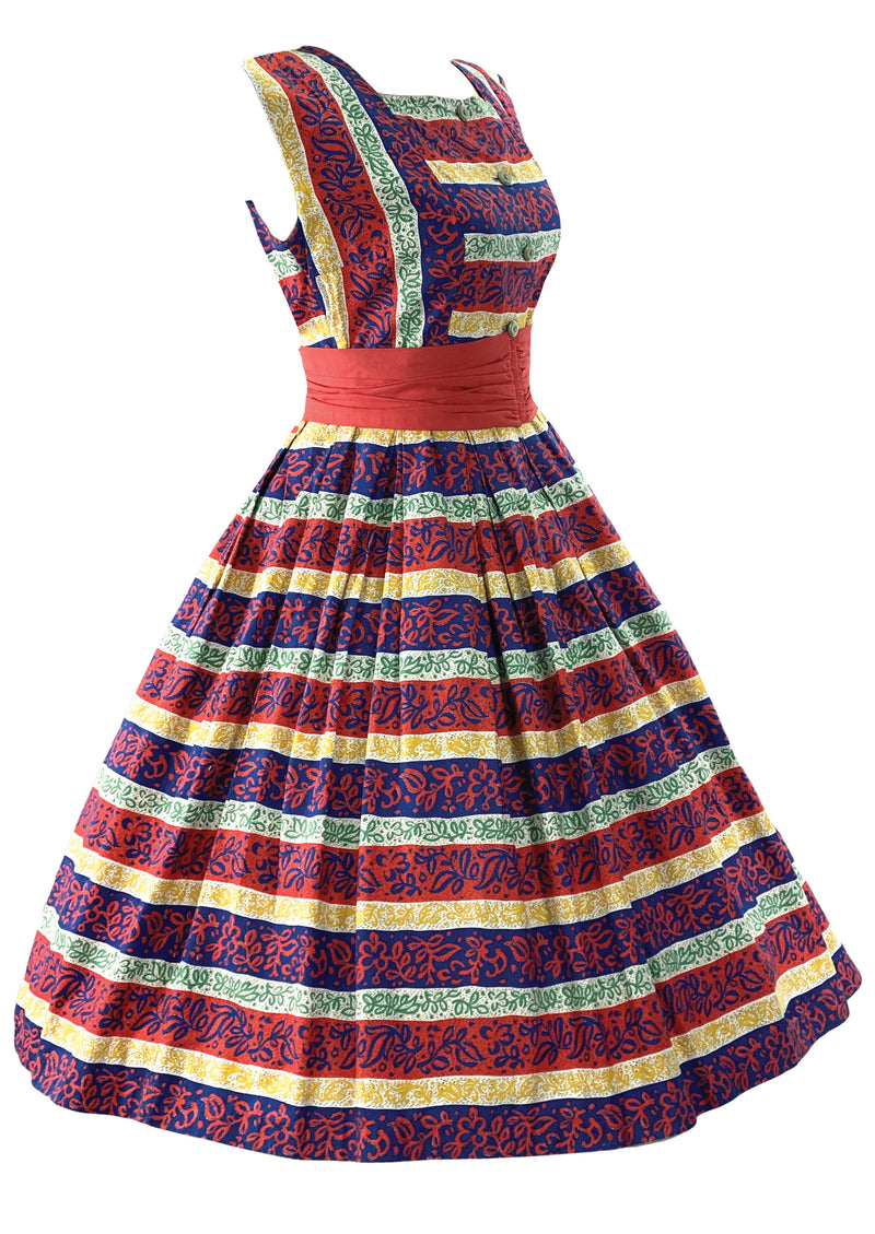 Late 1950s Colourful Striped Cotton with Scrollwork Dress- New!