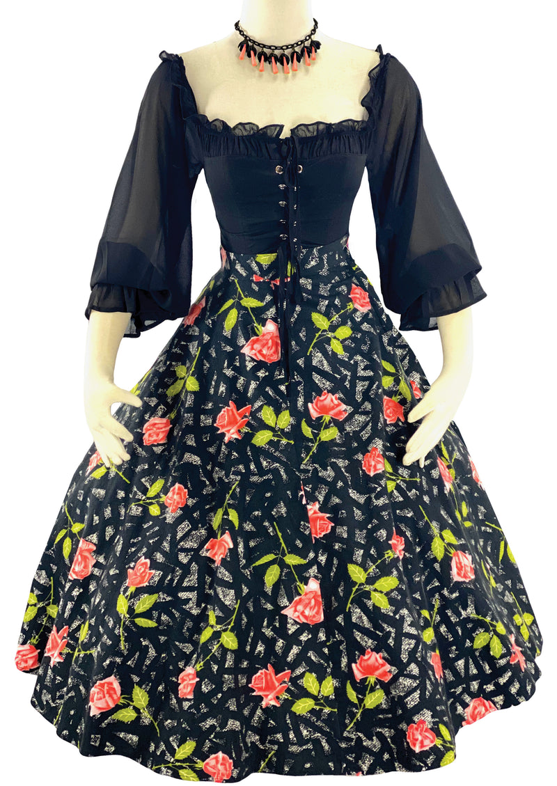 Vintage 1950s Pink Roses on Black Flannel Skirt- New!