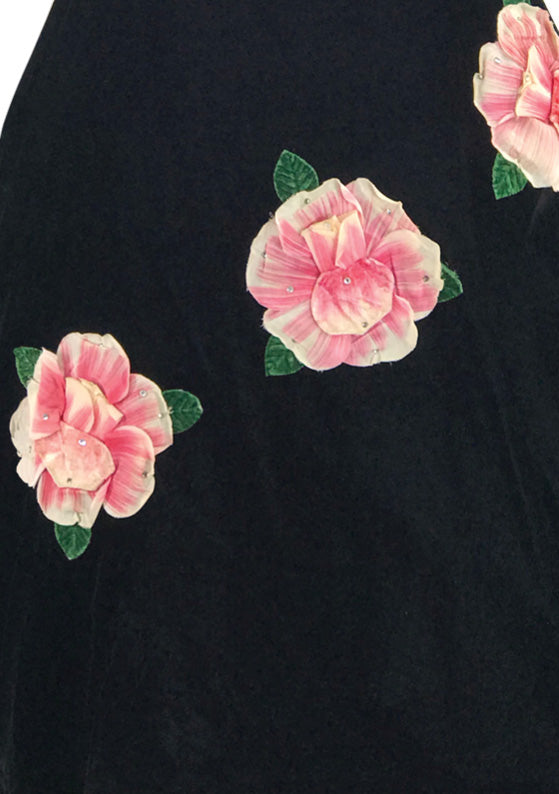 1950s Designer Black Velvet 3D Rose Appliques Dress - New!