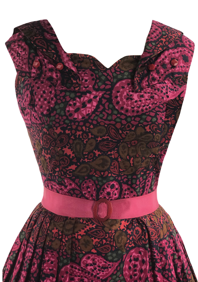 Vintage 1950s Magenta Paisley Print Cotton Dress- New!