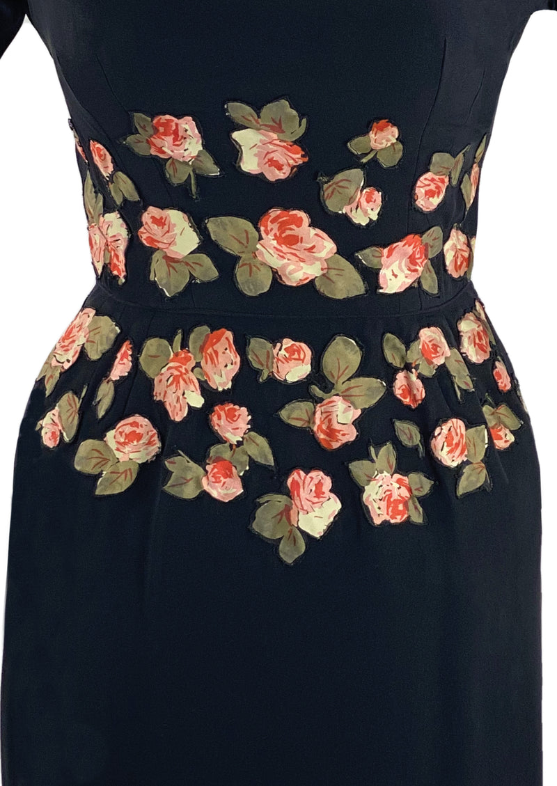 1950s Black Rayon Crepe Designer Dress with Appliqués- New! (SOLD)