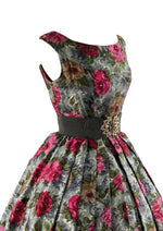 Late 1950s Vibrant Pink and Gold Roses Print Silk Dress - NEW!