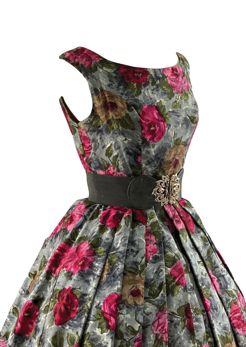 Late 1950s Vibrant Pink and Gold Roses Print Silk Dress - NEW!