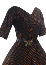 Late 1950s Bronze and Black 1950s Flocked Taffeta Dress - New!